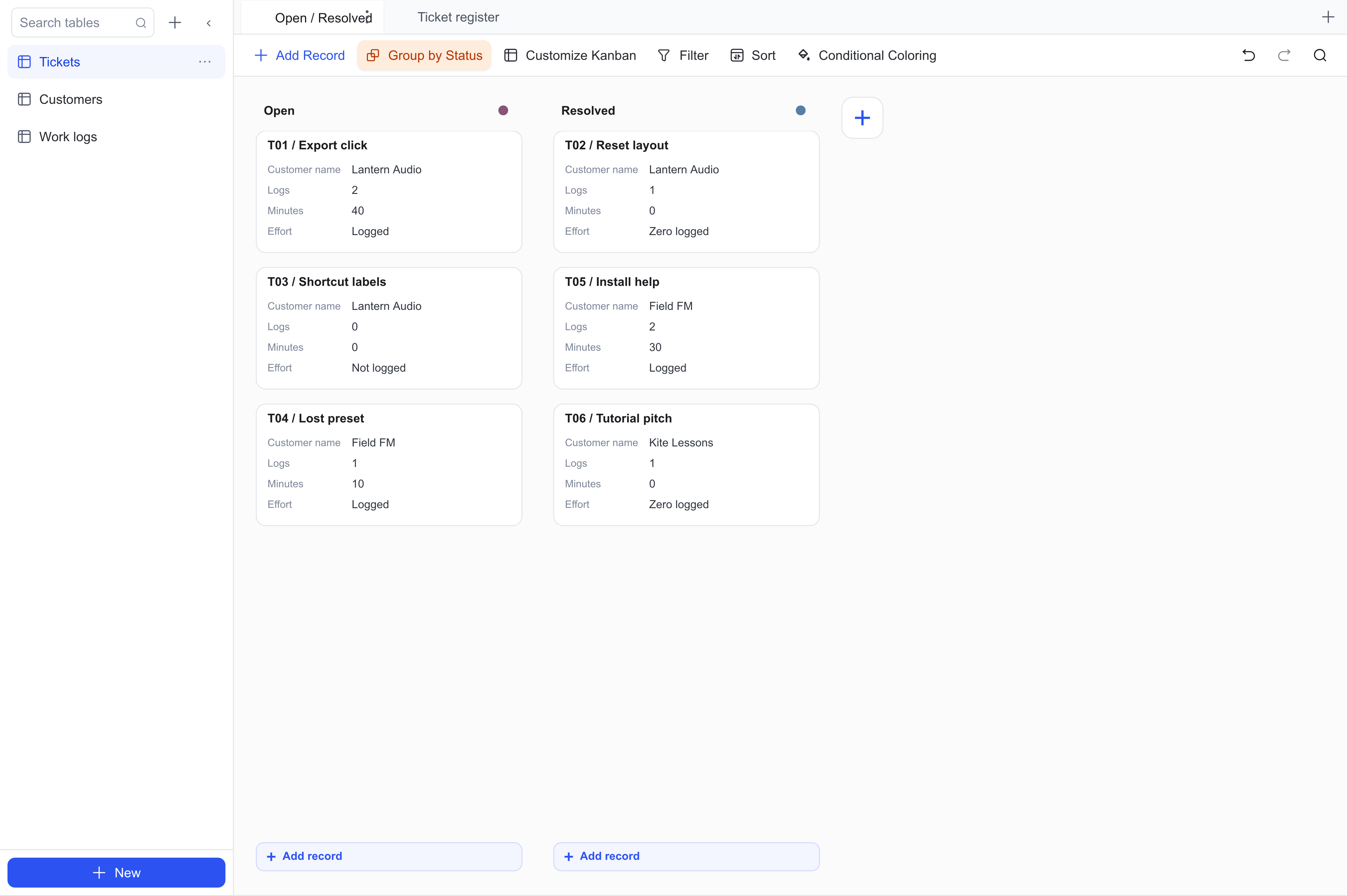A customer support board in Bases, with tickets grouped by status and cards showing linked customers, work log counts, and time spent in minutes.