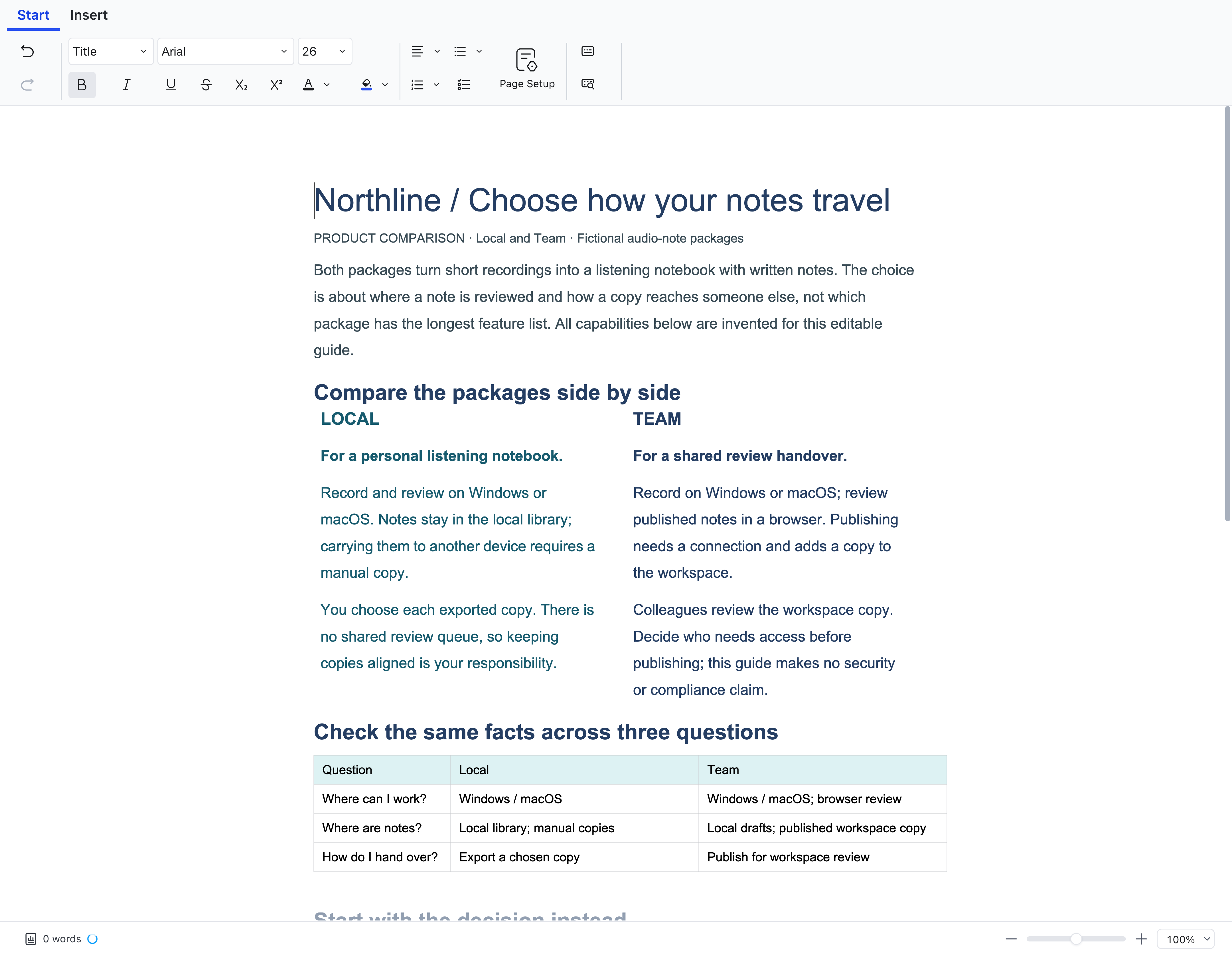 A product comparison guide in Docs modern mode, combining two-column text and native tables on a continuous page.