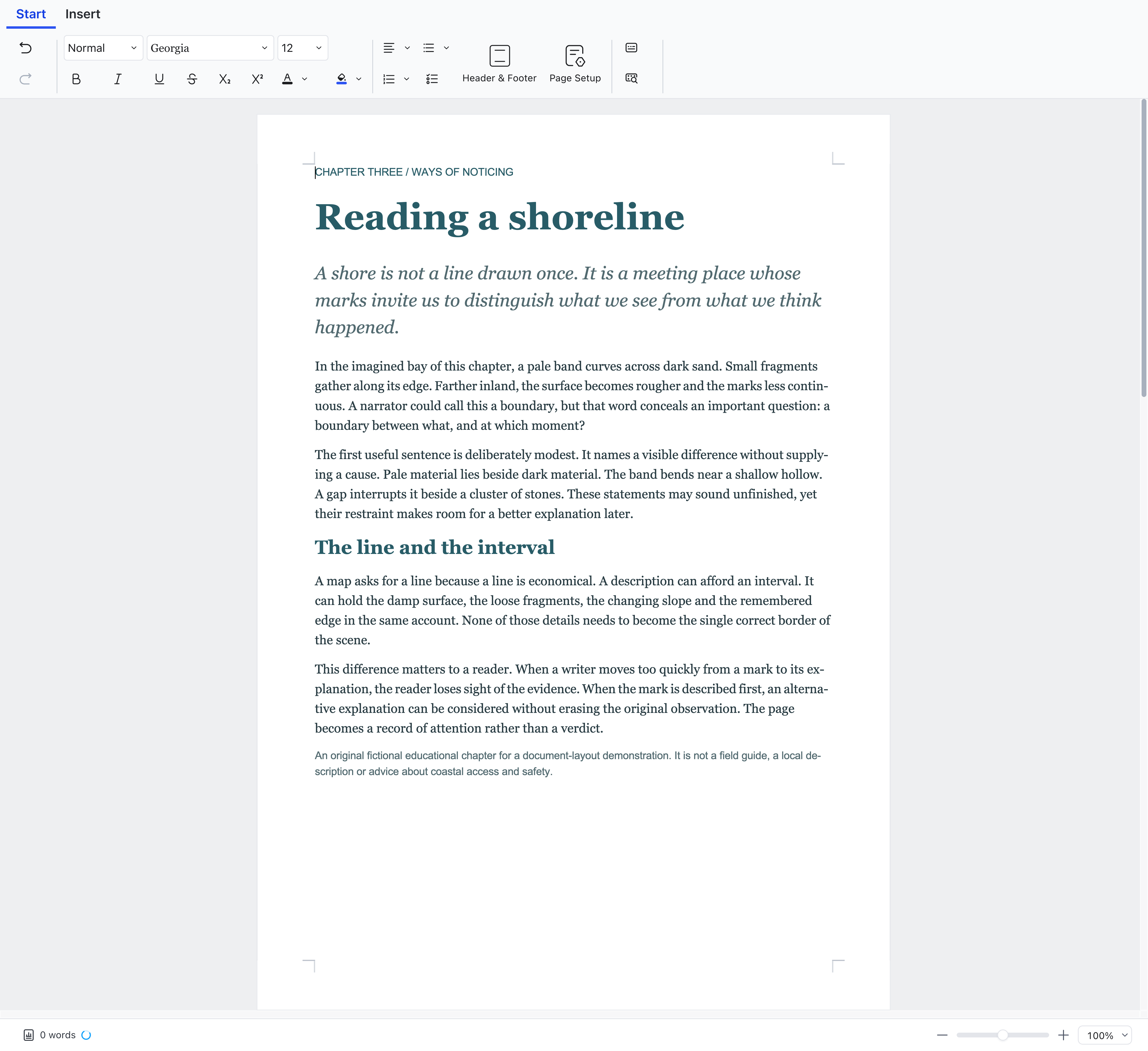 A book chapter in Docs traditional mode, with the page centered in the editor and its boundaries, margins, and pagination tools visible.