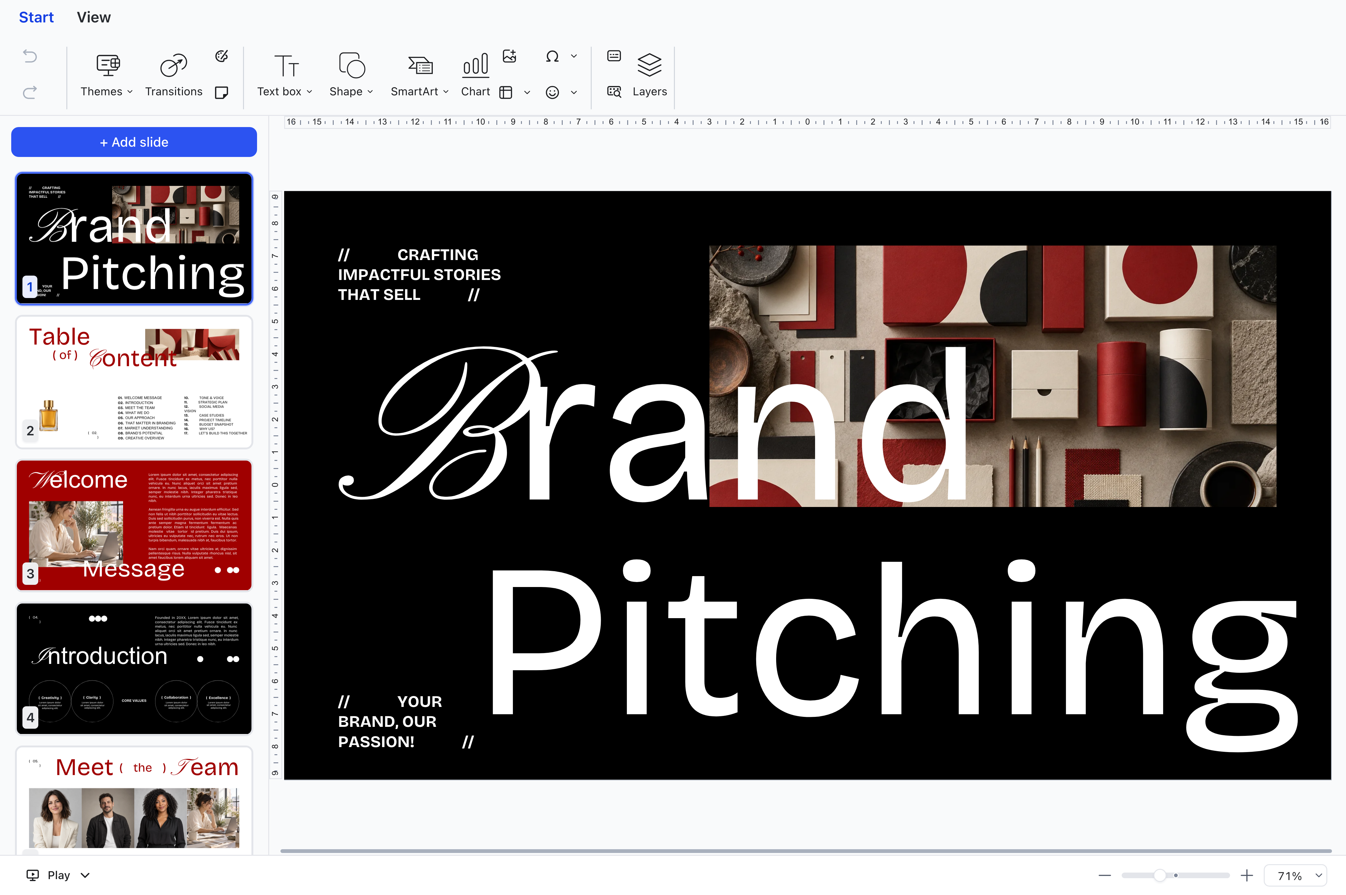 An editorial-style brand pitch in the Slides editor, with page thumbnails on the left and a canvas combining large headings, product photography, and page layouts.
